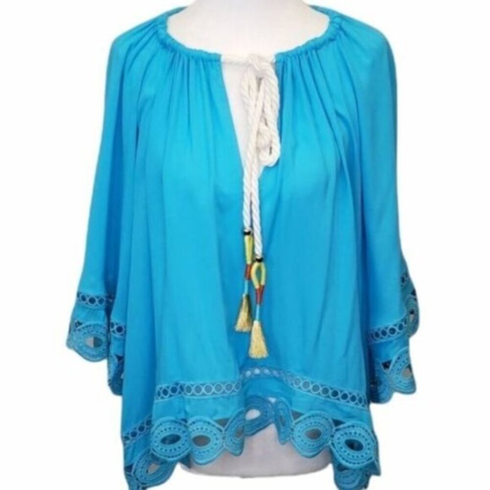 Ramy Brook Boho Beach Turquoise Blue Oversized Top Size Extra Small New
